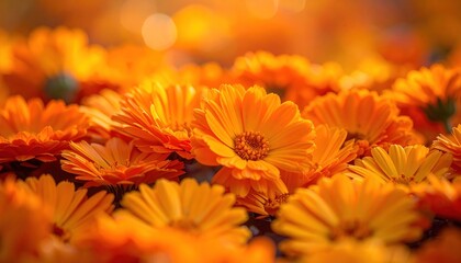 Vibrant field of calendula flowers in full bloom, showcasing their bright orange petals.