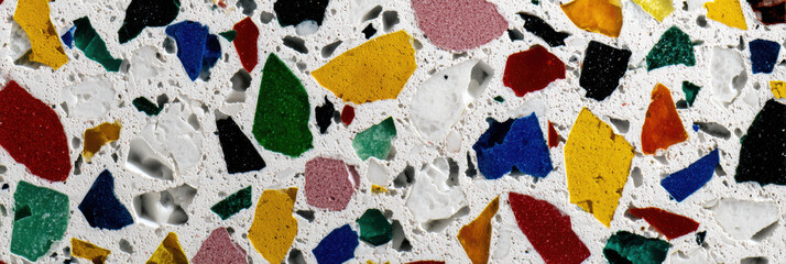 Colorful terrazzo flooring pattern with vibrant irregular stone fragments embedded white concrete base creating cheerful artistic backdrop for modern interior design project or graphic wallpaper