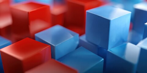 Obraz premium Abstract 3d red and blue cubes: vibrant geometric pattern in soft focus