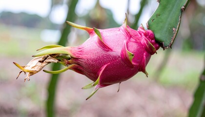Vibrant Dragon Fruit on the Vine - A Close-Up View.