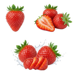 Fresh strawberries presented whole, halved, sliced, and splashing in water, showcasing vibrant red color, juicy texture, and natural freshness.