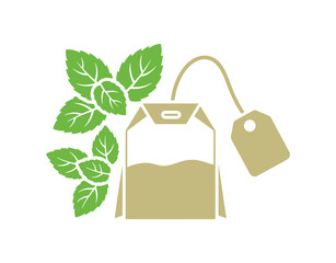 Icon depicting a mint tea bag.  Signifying a refreshing herbal drink.  Symbolizing Mentha leaves.  Design elements of high quality.  Classic style.  Vector illustration.