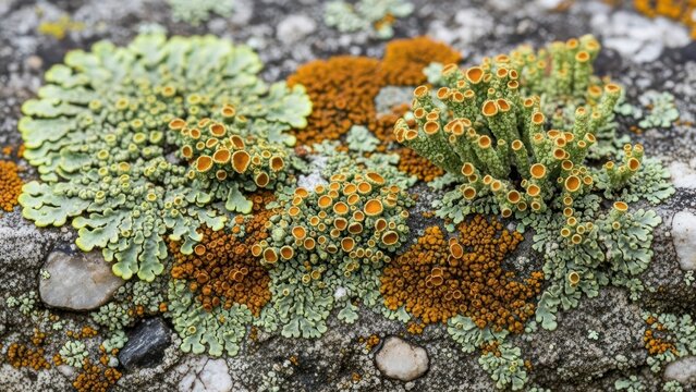 Close up of colorful lichen patterns on a textured stone surface