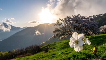 Beautiful White Flower Blooms in Mountain Landscape at Sunrise.