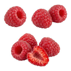 Fresh ripe raspberries shown whole and halved, revealing vibrant red color, juicy texture, and delicate seeds, highlighting natural freshness, berry nutrition, and healthy fruit appeal.
