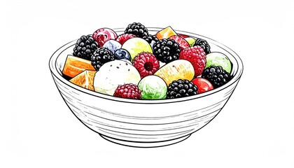 Vibrant Fruit Salad Bowl Illustration with Mixed Berries.