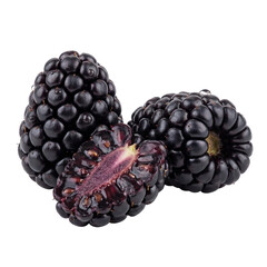 Fresh ripe blackberries shown whole and halved, revealing glossy dark drupelets and juicy interior, highlighting rich antioxidants, natural texture, and deep color for food and nutrition concepts.