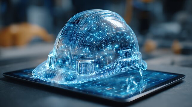 A digital construction helmet hologram projected above a tablet on a desk, blurred background - Powered by Adobe