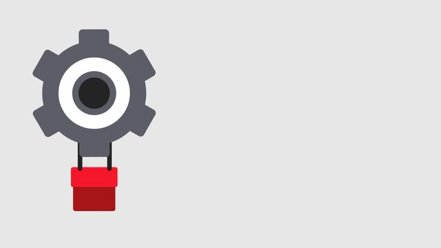 A grey gear icon is attached to a small red basket to form a mechanical hot air balloon floating against a very light grey and neutral background