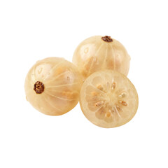 Fresh white currants displayed whole and sliced, showing translucent pale berries with visible seeds and juicy flesh, highlighting natural sweetness, freshness, and delicate texture.