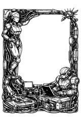 Cyberpunk mechanical frame with robots and machinery, Transparent Background