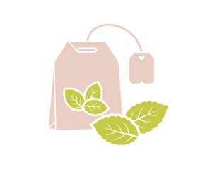 A straightforward mint tea bag icon. Fresh herbal drink sign. Mentha leaves symbol. Elements of quality design. Classic style. Vector graphic.