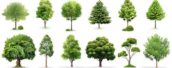 A collection of various stylized green trees of diverse shapes and sizes against a white background