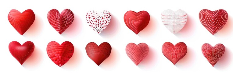 A collection of various stylized hearts, each with unique textures and patterns against a white backdrop