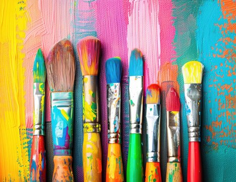 A collection of various paintbrushes with colorful, wet bristles in front of a painted backdrop - Powered by Adobe