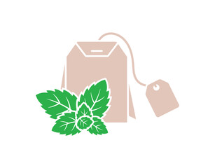 Mint tea bag icon in a simple design. Sign for a refreshing herbal drink. Symbol of Mentha leaves. Quality design aspects. Classic aesthetic. Vector format.