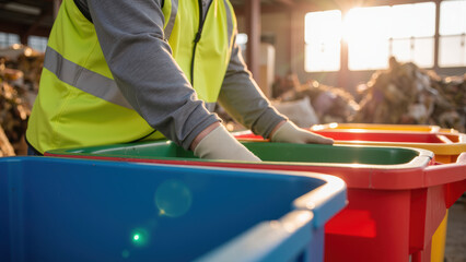 Recycling worker sorting materials in colorful bins, wearing gloves and safety vest, in bright facility