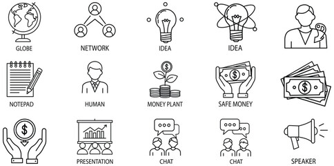 Business Icons Set: A collection of concise line art business icons, perfect for representing diverse business concepts. The icons, with their clean, crisp design, represent global presence.