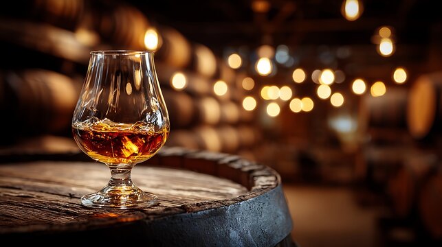 Close-up of a snifter glass of amber liquor sitting on a wooden barrel. Bokeh lights in background