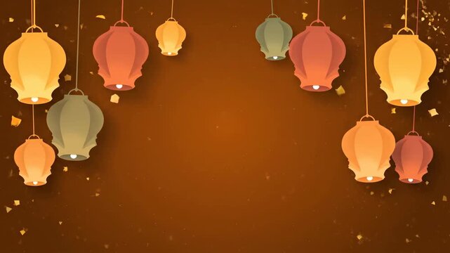 Hanging Colorful Paper Lanterns on Dark Brown Festive Background