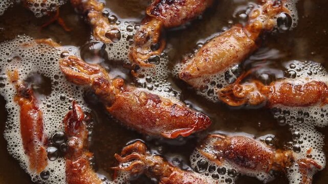 Fried crispy dried cuttlefish (Beka squid) in boiling oil. Top view shot