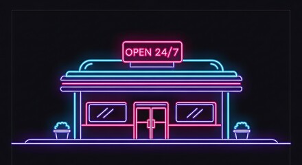 Neon illuminated building open twenty four seven