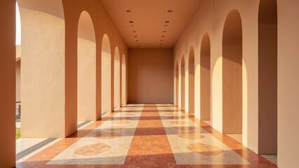 Obraz premium Spacious interior with warm tones, arches, and patterned flooring creates serene atmosphere. Natural light enhances architectural beauty