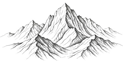Detailed hand-drawn mountain range peaks landscape illustration isolated on white background © GraphixEra