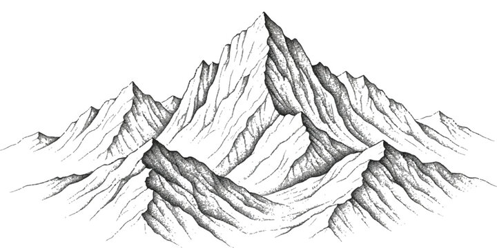 Detailed hand-drawn mountain range peaks landscape illustration isolated on white background