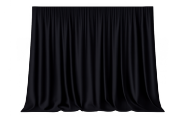Black stage curtain on transparent background, luxurious velvet drapes for theater, opera, cinema events