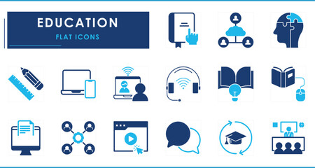 A set of flat icons related to Education, seminar, and classes. Meeting, creative, online, books, connections, classroom, video, and so on.