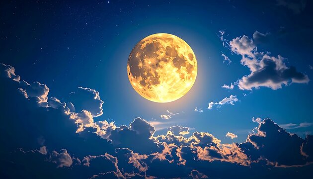 Full Moon Shining Brightly in a Starry Night Sky with Clouds.