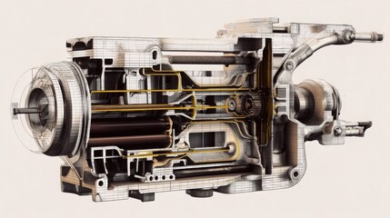 cutaway view of internal combustion engine, oil carrying contaminants safely, dark fluid highlighted, engineering diagram realism, neutral tones