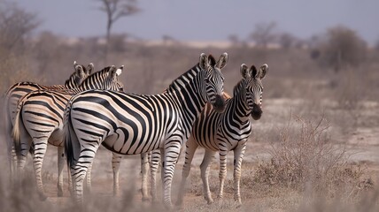 Obraz premium Group of zebras standing together in the african savanna showcasing their distinctive black and white stripes