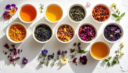 Colorful Herbal Tea Collection with Edible Flowers and Herbs.