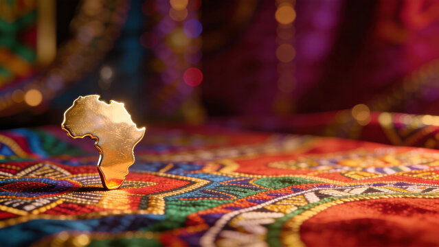 Golden Africa continent symbol on colorful traditional tapestry. Shiny metallic map shape on vibrant embroidered fabric background. African Afrodescendant culture and heritage concept