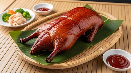 Appetizing Whole Roasted Duck with Glazed Crispy Skin Served on Banana Leaf and Bamboo Tray.