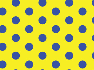 This image displays a high-contrast pattern featuring large, uniform blue polka dots evenly spaced on a vibrant yellow background. The circles are arranged in a repeating grid across the entire frame,