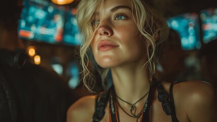 a close-up picture of a woman with purple hair