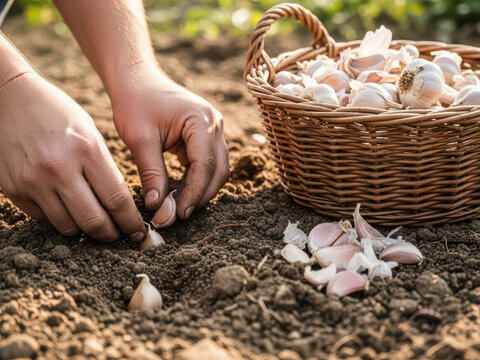 Planting garlic in a garden