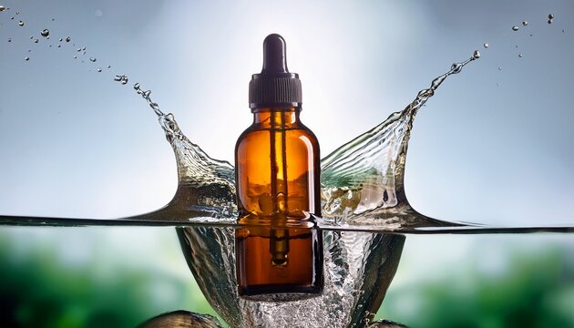 a product photo of an amber glass dropper bottle plunges into clear water 3