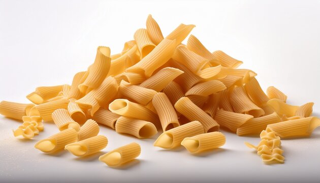 random scattering of raw pasta pieces against a pristine white background