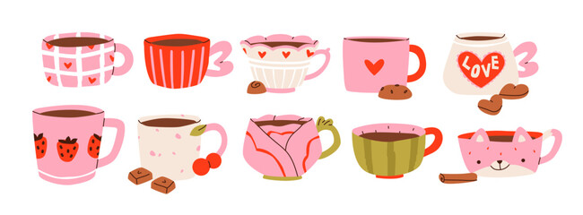 Valentine&rsquo;s Day mugs with hearts, strawberries, floral designs, animals, and sweet treats. Whimsical cozy cups, warm beverages, and cute kitchen decor.
