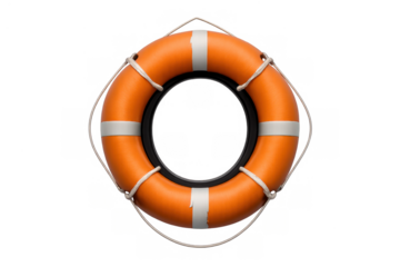 Orange lifebuoy buoy with white stripes and rope, ready for marine safety, rescue, and security operations