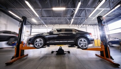 Naklejka premium black car lifted in auto repair shop with dynamic motion blur effect showing speed and modern technology