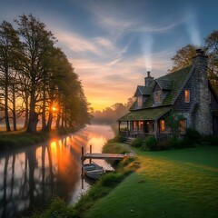 Idyllic Lakeside Cottage at Sunset - A Serene Retreat.