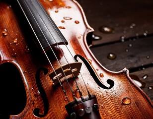 violin with water droplets on wooden surface in dark background creating dramatic and artistic mood
