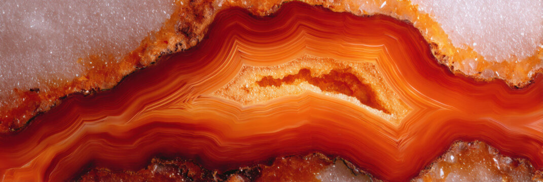 Macro shot of red agate mineral slice with distinct orange bands and crystal texture showing natural geological beauty and vibrant warm color pattern