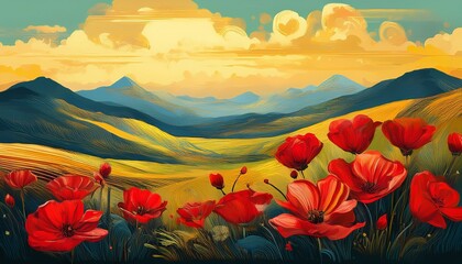 a colorful painting shows red flowers dancing in the wind with soft hills and a yellow sky behind them