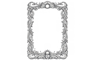 Ornate silver frame with antique scrollwork design, vintage baroque border, art deco element on transparent background